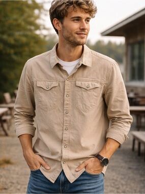 Stio Snap Front Long Sleeve Button Down Shirt Tan Size Large
